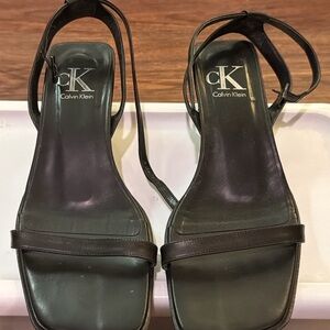 Calvin Klein Black Leather Ankle Strap Sandals Size 7M Square Toe Block Heel